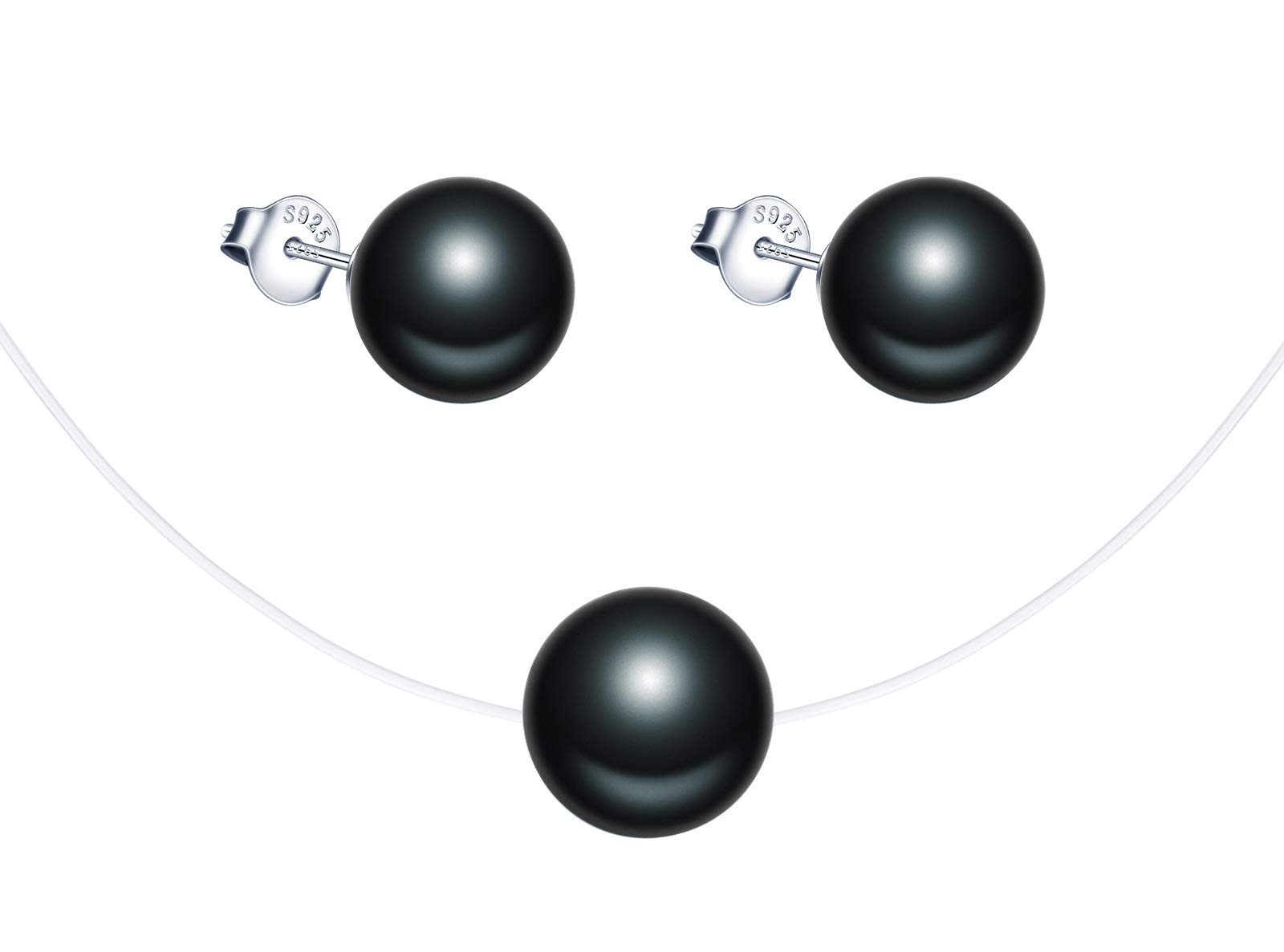 Yumilok Juego de collar de perlas y pendientes, collar y pendientes de plata 925 para mujer y niña, collar de gargantilla de clavícula transparente para pescar