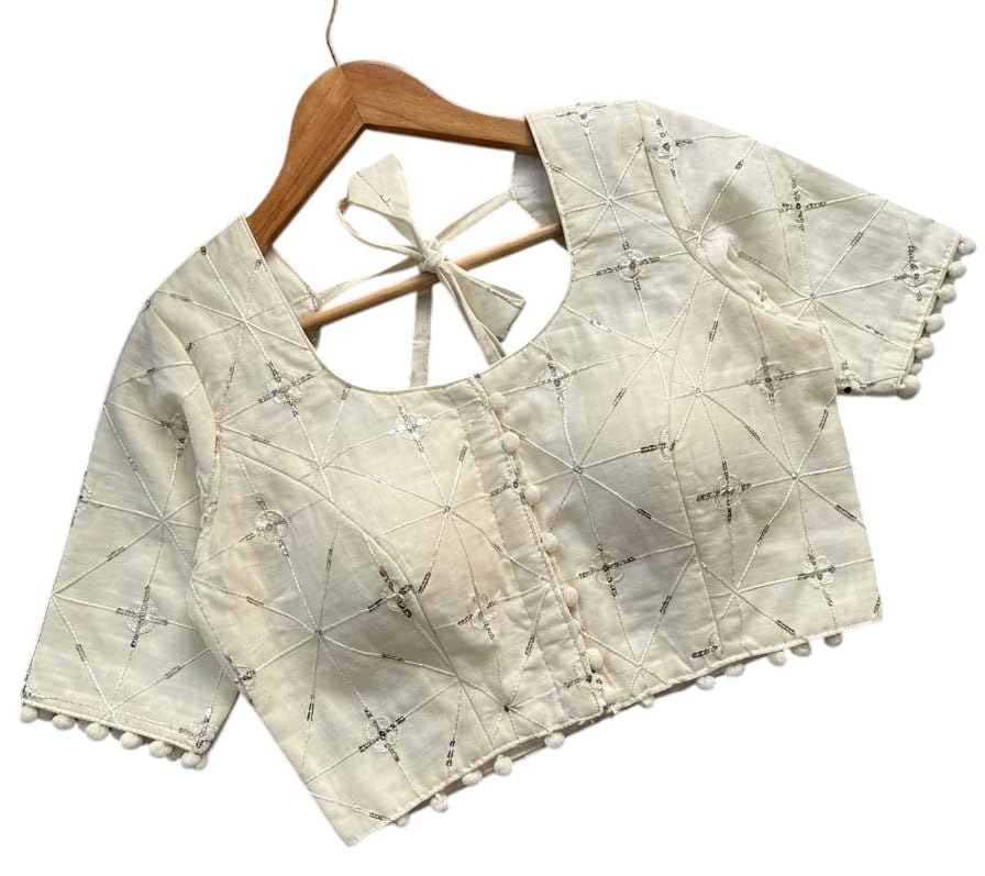 Women's Off White Cotton Readymade Padded Blouse, Prince Cut Designer Saree Blouse, Sequins Embroidery Work, Front Hook Closure, Round Neck, Half Sleeve, Self Alterable 36-40-image-20