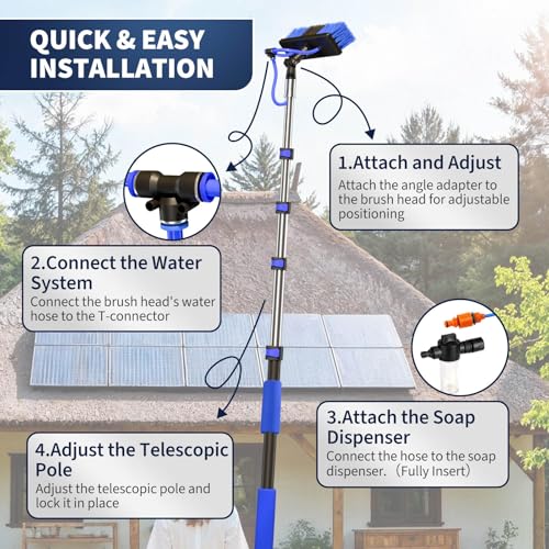 Image of 20FT Water Fed Solar Panel Cleaning Kit, Telescopic Solar Panel Cleaning Brush with Extension Pole & Soap Dispenser for Household & Outdoor