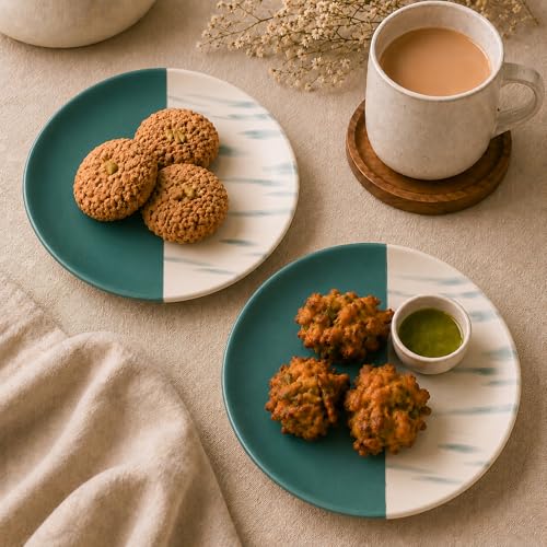 Image of The Earth Store Dual Tone Teal Italian 7 Inch Ceramic Quarter Plates Set of 6 | Microwave & Dishwasher Safe Plate | Half Plate for Dessert, Snacks, Dinner | Snack Plates for Gifting, Daily Use