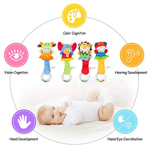 Baby Soft Rattles Toys,Infant Sensory Development Hand Grip Toys,Cute Stuffed Animal Handbells For Baby Gift（4 Pack） #TOP3