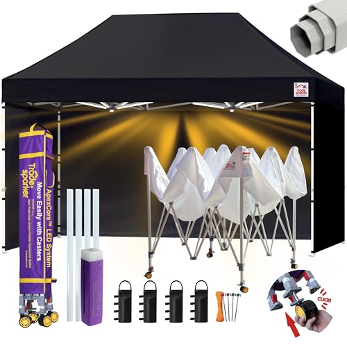 Image of Tradesparker 10x15 Pop Up Tent with Sidewalls,Commercial Movable Canopy ApexCore LED & Rugged Casters-Instant Easy Setup Shelter Canopies,Weight Bags&Stakes for Outdoor Events(Black)