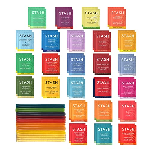 Herbal Stash Tea Sampler Tea Bag Decaf & Herbal Stash Variety Tea Bags with 100% Cotton String 50 Count 25 Flavors & Honey Sticks 10 Flavors, 20 Pack