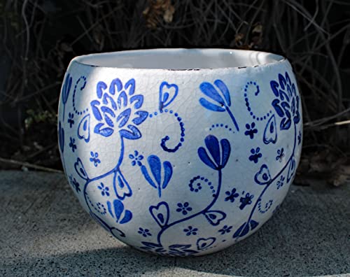 Old World Hand-Pressed Ceramic Blue And White Round Planters Or Garden Pots (Round Shape Flower Print 6.25 Inches Tall) #TOP2