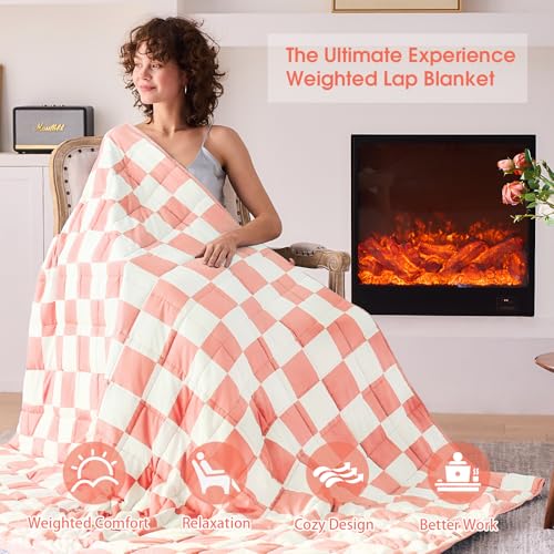 Pink Checkered Weighted Blanket for Adults 20lbs, 60"x80" Queen Size, Cooling Heavy Blanket for 130-220lbs with Premium Glass Beads, Soft Thick Big Blankets for All-Season Sleeping Comfort Breathable