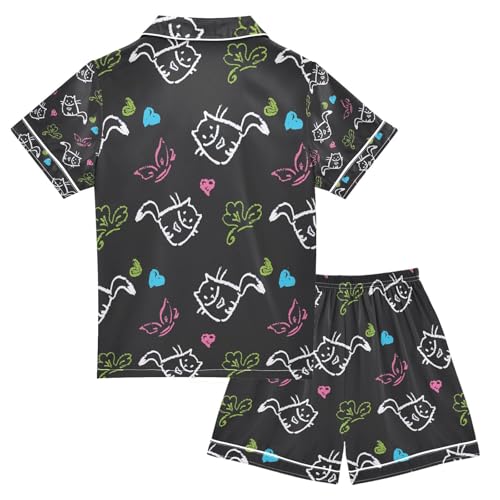 senya Pattern Cats Hearts Butterflies Satin Summer Pajama Sets Silk Short Sleeve Button Down Sleepwear2