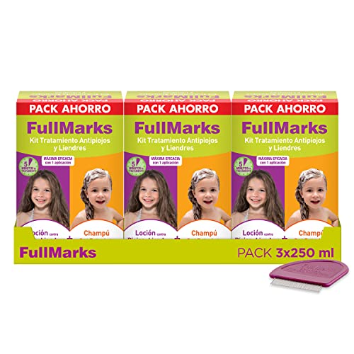 Full Marks Kit Tratamiento Antipiojos para Niños, Elimina los Piojos, Contiene Loción 100 ml, Champú Post-Tratamiento 150 ml y Lendrera Metálica, Pack ahorro x3