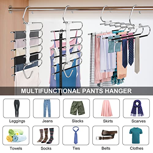 Besslly Upgrade 6 Layers Pants Hangers Space Saving, 2Pack Stainless Steel Multifunctional Rack Non Slip S-Type Clothes Jean Hanger Closet Organizer For Jeans Leggings Trousers Skirts Scarf, White #TOP3