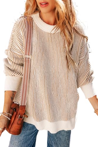 Women's Chestnut Striped Textured Knit Contrast Edge Loose Sweater