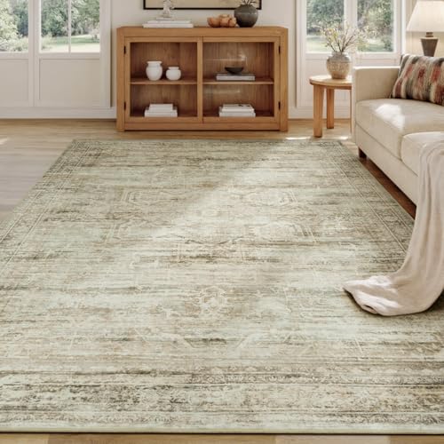 Carpelux Washable Beige Area Rugs 6x9 for Bedroom, Soft Faux Wool Luxury Floor Carpet for Living Room Dining Room, Neutral Vintage Distressed Non Slip Rug for Home Office Decor
