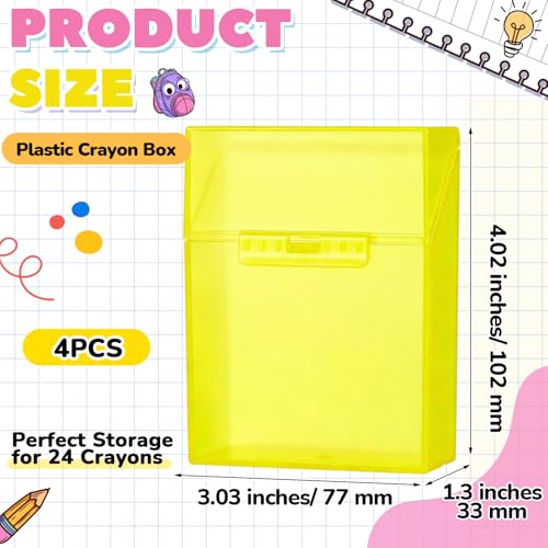 Image of Clabby 4 Pcs Clear Plastic Crayon Boxes Hold 24 Count, Yellow | Organizer Box, Case, Colorful, Portable Storage Holder with Snap Lid, for Kids Boys Girls School Classroom Home Art Supply