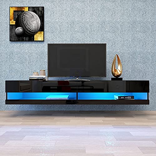 ASNOUIFU 80 Inch Floating TV Stand, 20 Color LED Wall Mount Floating Shelves Home Large Storage Cabinet for Living Room Home Office (Black, 70.9x16.5x11.8â€)