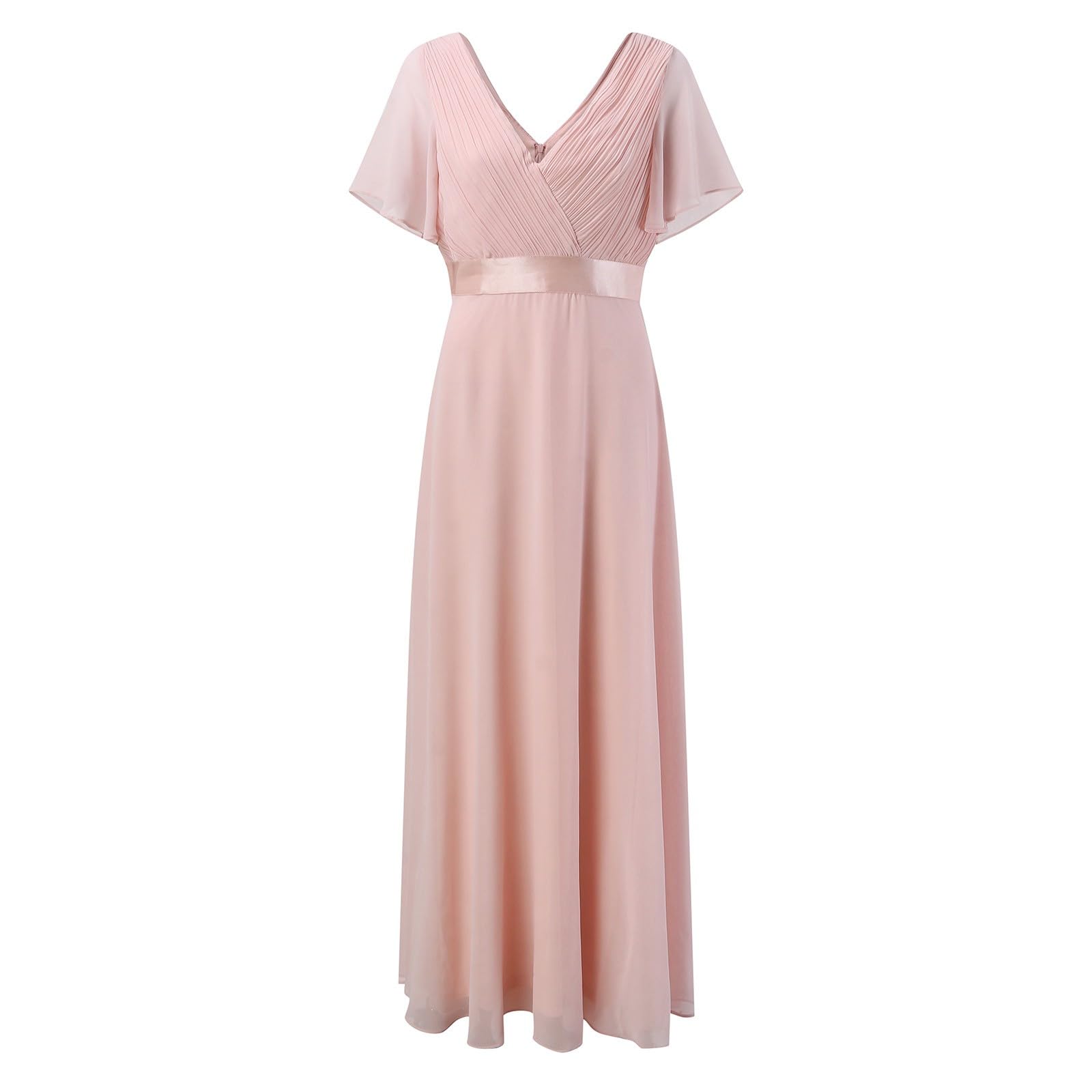 Vestido de noche para mujer, con cinturón, manga corta, cuello en V, de gasa, elegante, vestido de dama de honor, largo, de línea A, vestido de cóctel, vestido de fiesta con cinturón, corte ajustado,