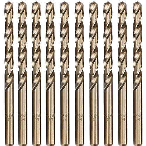 Hymnorq 10-Piece 1/4 Inches Cobalt Drill Bit Set – M35 Grade (5% Cobalt) Steel, Fully Ground, Dual Twist Flute, 135 Degree Split Point, Jobber Length, Bronze Finish, with Tough PP Storage Case by HYMNORQ - Used condition - US$14.20