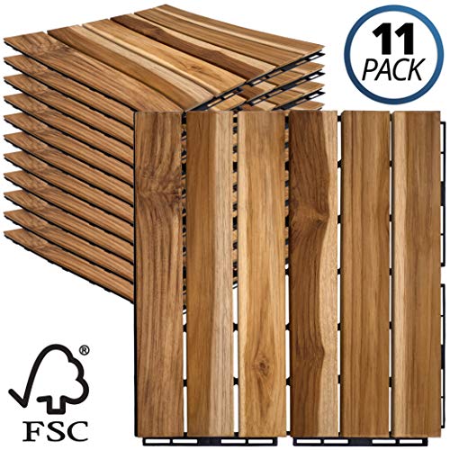 Mammoth Sustainably Sourced Solid Teak Wood Tools Free Assembly Interlocking Deck Tiles, Water Resistant Outdoor Patio Pavers or Composite Decking Flooring, Pack of 11 (11 SQFT) (Stripe)