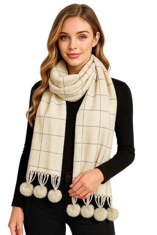 Women's Woolen Muffler – Soft Warm Wool Blend Scarf with Classic Check Pattern & Fringe Detailing (Free Size,Multicolor)