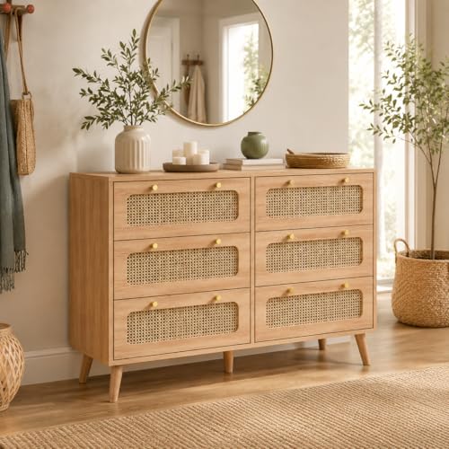 HYNHXBP Commode à 6 tiroirs en Bois Style Nordique, Commode de Rangement avec Panneaux en rotin, Commode Chambre Adulte, Couleur Bois Naturel,100x40x85 cm