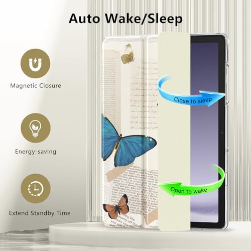 Image of MoKo Trifold Case for Galaxy Tab A9 Plus /A9+ 11 Inch 2023, Butterfly | Slim Stand Hard PC Translucent Back Shell Smart Cover, Auto Sleep /Wake, Light, Anti-scratch, 2 Adjustable Angle