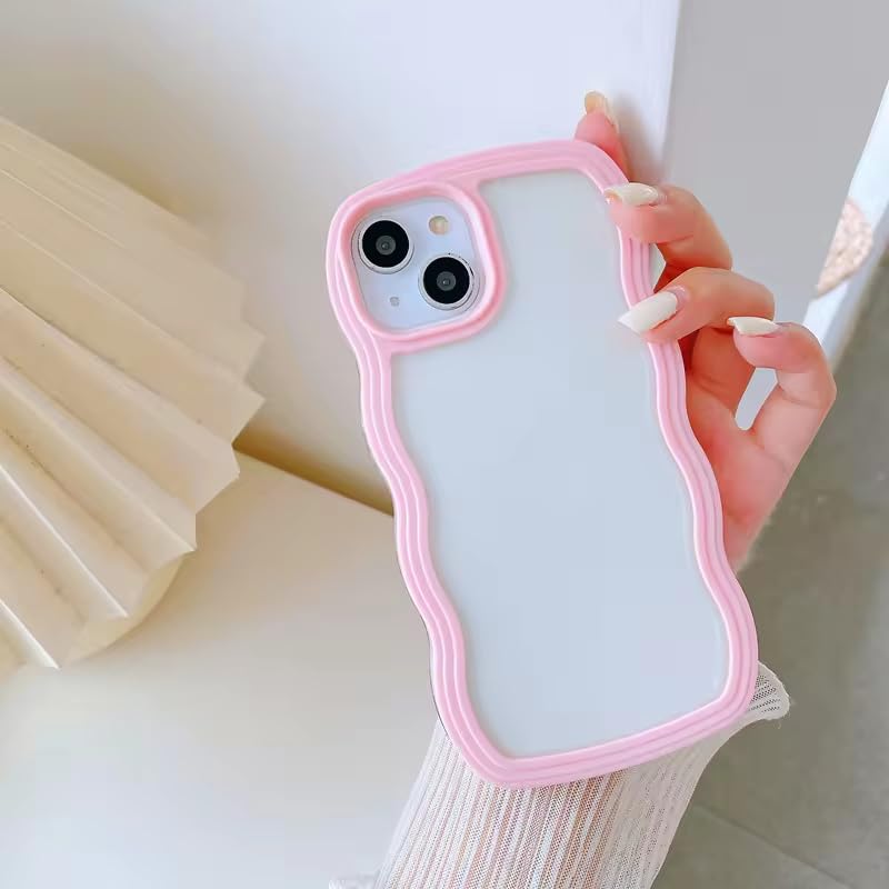Image of MIDOS Back Cover Compatible with iPhone 15, Cute Curly Wave Frame Clear Case for Girls Women, Transparent Soft Silicone TPU Bumper Shockproof Protective Cover for iPhone 15 (Pink)