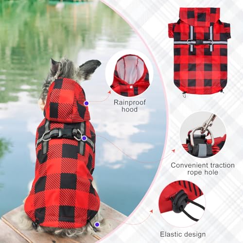 Image of BEAUTYZOO Dog Raincoats for Small Dogs, Waterproof Rain Jacket with Hood | Puppy Rain Jacket with Harness, Reflective Poncho with Harness Built in, Rain Gear Clothes with Hat for Boy Girl, Red S