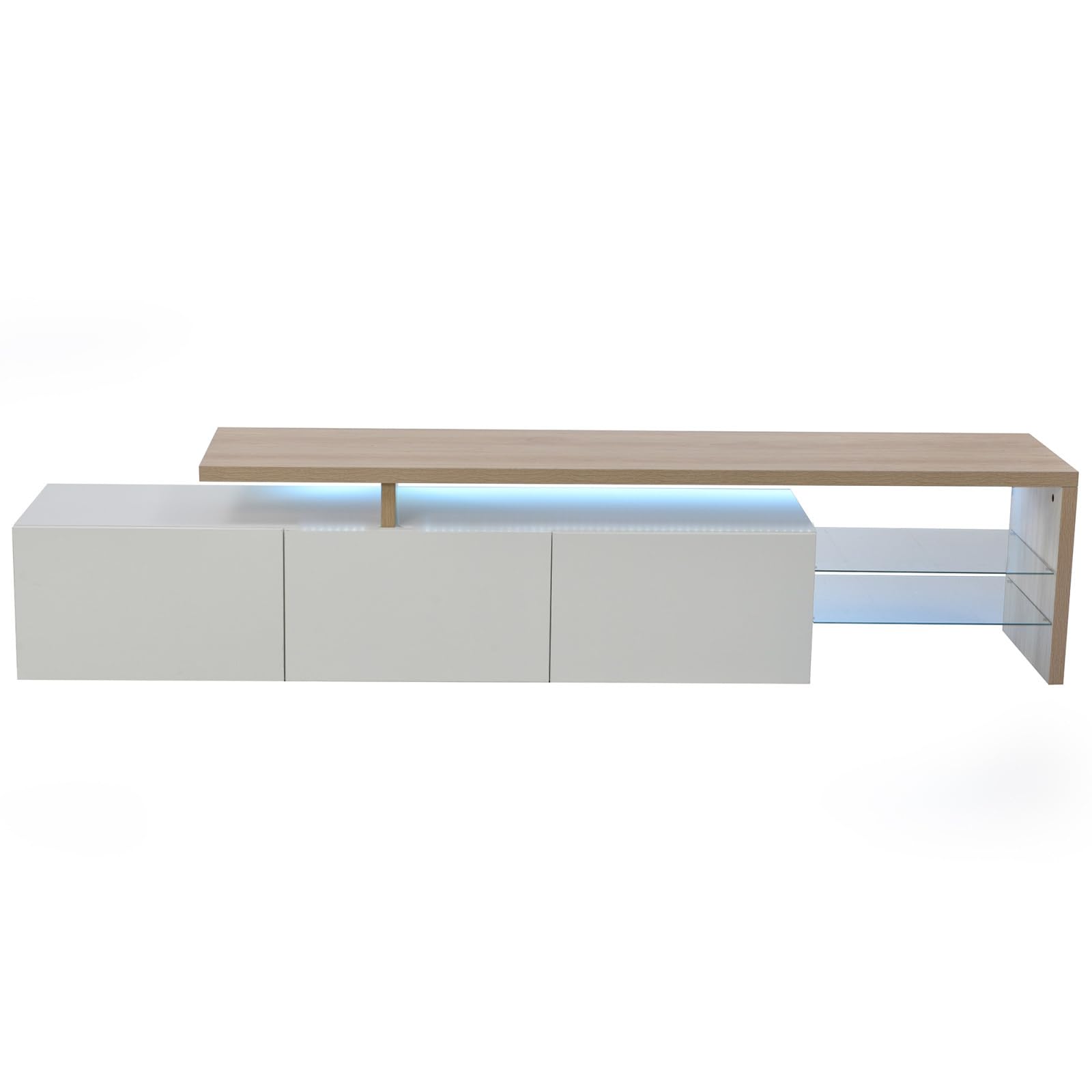 TV Ark, práctico espacio de almacenamiento de madera, consola de TV con 3 armarios e iluminación LED, aspecto brillante, estantes de cristal integrados, mueble de TV elegante y práctico