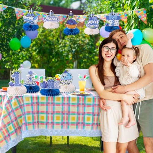 Image of 9pcs Blueberry First Birthday Honeycomb Centerpieces Sweet One Berry Party Table Decorations Blueberry Tabletop Centerpieces for Baby Shower One Birthday Table Topper Sign Decorations