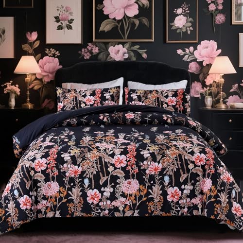 MAG 3Pcs Floral Queen Comforter,Microfiber Flower Queen Bedding Set,Vintage Black Flower Pattern,All Season with 1 Comforter + 2 Pillowcases for Kids Boys and Girls, Breathable and Wrinkle.