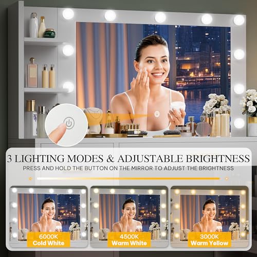 DWVO Makeup Vanity Desk with Mirror & Lights, 40inch Vanity Table with Power Outlets, 4 Drawers & 6 Open Storage Shelves, 3 Color Modes & Adjustable Brightness Dressing Table for Bedroom, White