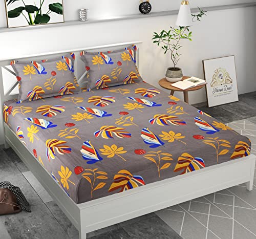 Image of Fitzy 280 TC Fitted Bedsheet King Size, Elastic Bedsheet, 72x78 + 10 Inches Drop,with 2 Pillow Covers (Al-Darkbrown-Leaves)