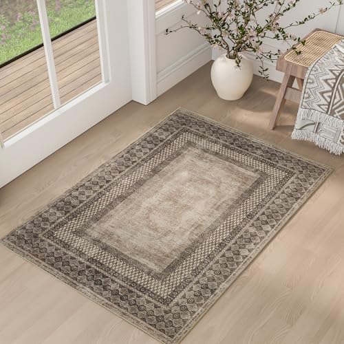 NICETOWN 2x3 Area Rug Washable Non Slip Brown Oriental Carpet for Entryway Kitchen, Stain Resistant Foldable Small Throw Rug Pet & Kids Friendly for B