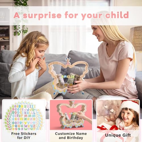 Image of Wooden Butterfly Piggy Bank for Kids, Butterfly Money Bank for Girls, Unbreakable Toddler Piggy Banks for Girls, DIY Kids Coin Bank with Stickers, Birthday Gifts, Educational Toy, Home Decor