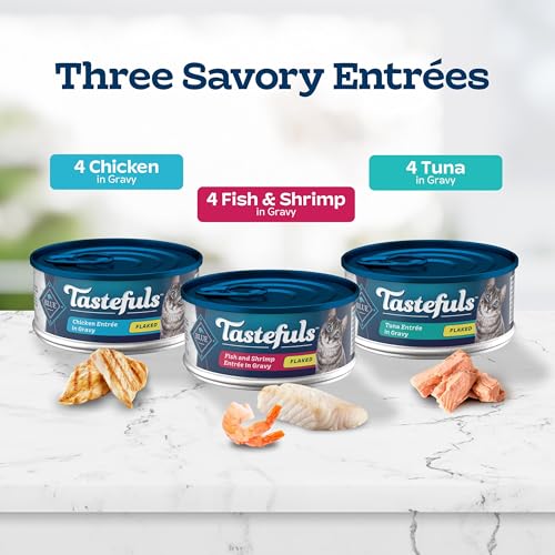 Blue Buffalo Tastefuls Natural Flaked Wet Cat Food Variety Pack, Tuna, Chicken and Fish & Shrimp Entrées in Gravy 5.5-oz Cans (12 Count - 4 of Each)