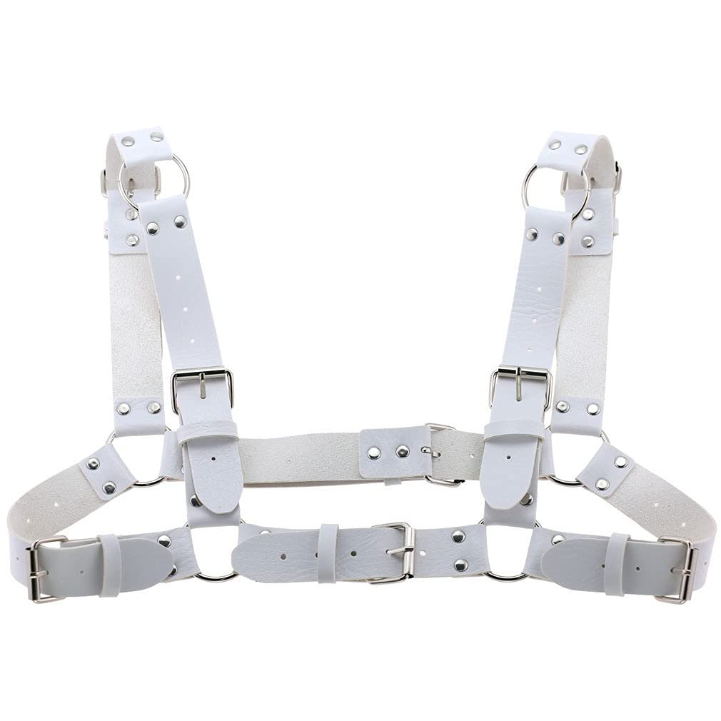 Unisex White Gothic Adjustable Leather Belt Suspenders Harness Punk Chest Shoulder Strap Braces Body Shoulder Strap Party Props, One Size