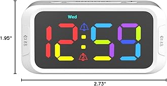 Dual Colorful Alarm Clock for Kids Bedroom - 0-100% Dimmer, 5 Alarm Sounds, USB Charger, Easy to Set, Weekday/Weekend Mode, Snooze, 12/24Hr, Battery Backup, Digital Clock for Teens Boys Bedside