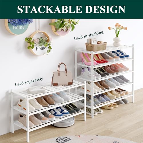 Image of Smiry Bamboo Shoe Rack, 5 Horizontal Slats, 2 Tier - 33.9 inch Wide, White