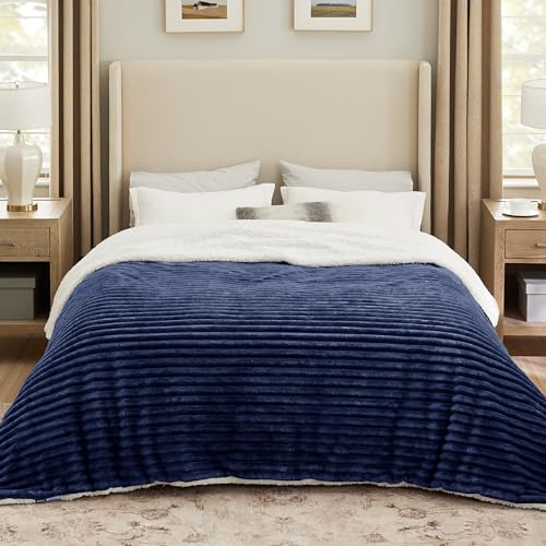 Bedsure Soft Sherpa Blanket Fluffy Navy Blue Gift King 108"x90"