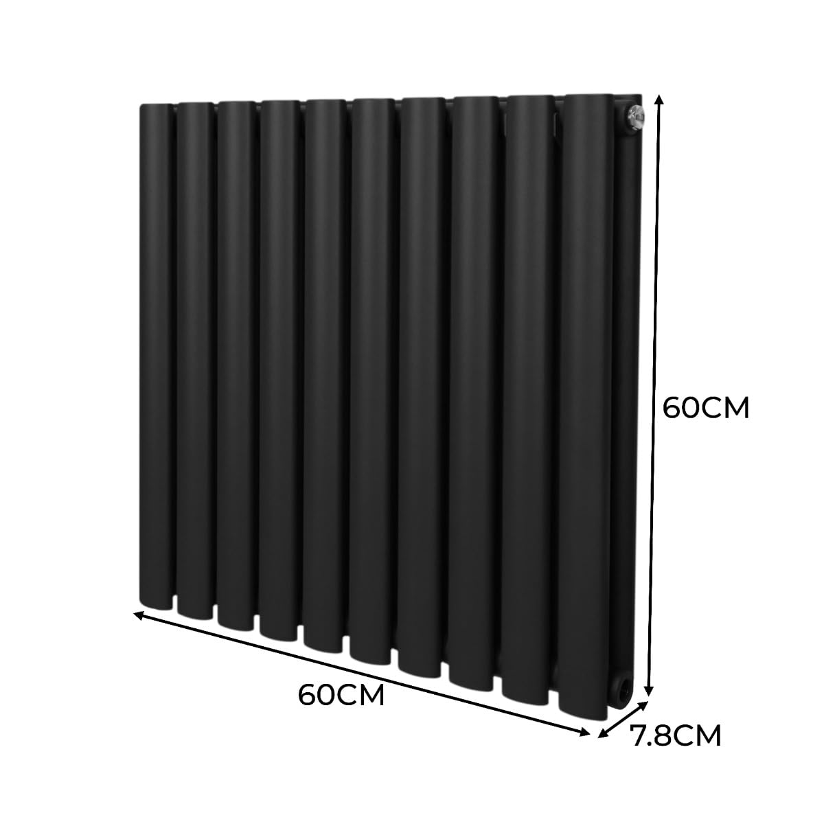 Radiatore a colonna ovale 600 mm x 600 mm Designer Doppio pannello Termosifone Nero Acciaio Inclusi Spazzola per la pulizia Kit di fissaggio e staffe