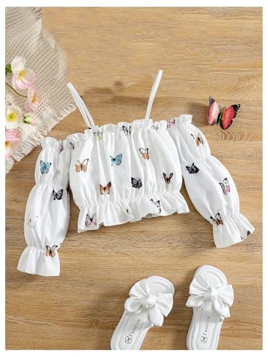 WDIRARA Toddler Girl's Butterfly Print Cold Shoulder Blouse Long Sleeve Ruffle Top2