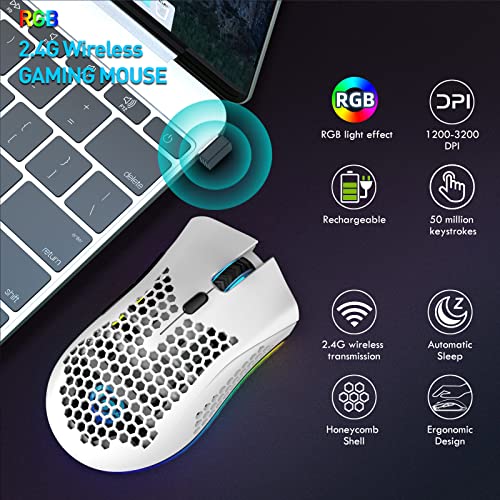 Image of Wireless Gaming Mouse, Computer Mouse with Honeycomb Shell, 7 Programmed Buttons, 3 Adjustable DPI, USB Receiver, Portable Ergonomic Optical RGB for Laptop PC /Mac, Black (White)
