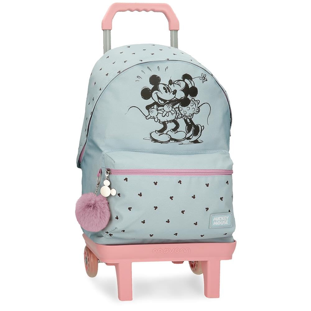 Disney Joumma Bags Mickey & Minnie Kisses zaino per bambini, zaino per la scuola, in poliestere, blu e rosa, Spallacci larghi, ergonomici e imbottiti, con pompon decorativo