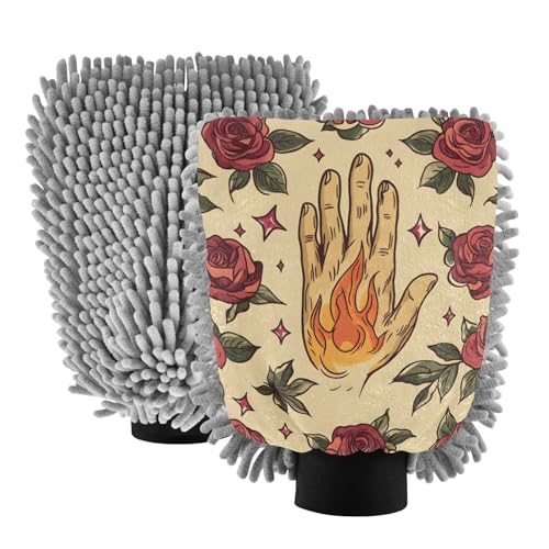 STAYTOP Hand with Fire Tattoo Car Wash Mitt Microfiber, 2Pcs Scratch Free Lint-Free, Premium Chenille Microfiber Mitt Car Wash Brush-M