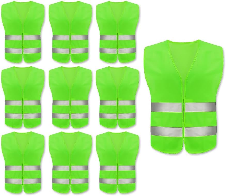 10PCS Safety Vests, Reflective High Visibility Vests, Hi Vis Safety Vests, High Vis Jacket with 2 Reflective Strips, for Traffic Work, Running, Surveyor and Security Guard (Universal Size)