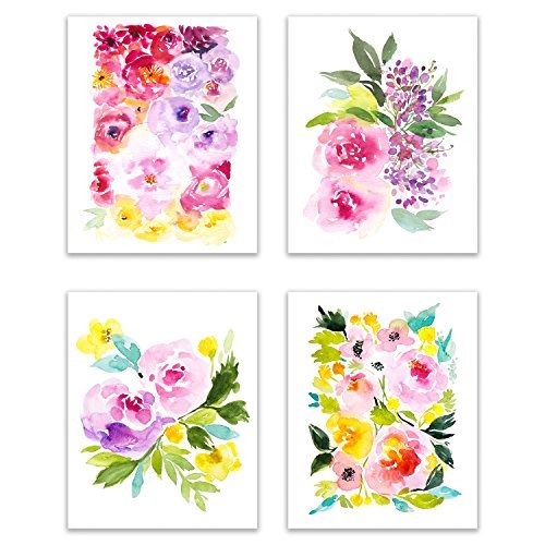 Floral Watercolor Pastel Flower Art Prints - The Beautiful, Bold Peony Collection - Set of Four 8x10 Photos of Colorful Peonies - Bouquets of Pink, White, Red, Purple, Ivory and Blush Colored Flowers