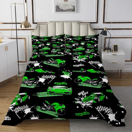 Erosebridal Boys Race Car Quilt Set Blue Green Racing Car Bedspread Set Twin Size,Speed Sports Car Bedspread Sets Extreme Sports Coverlet Set for Kids Girls Teens Cool Dirt Bike Motocross Bed Set