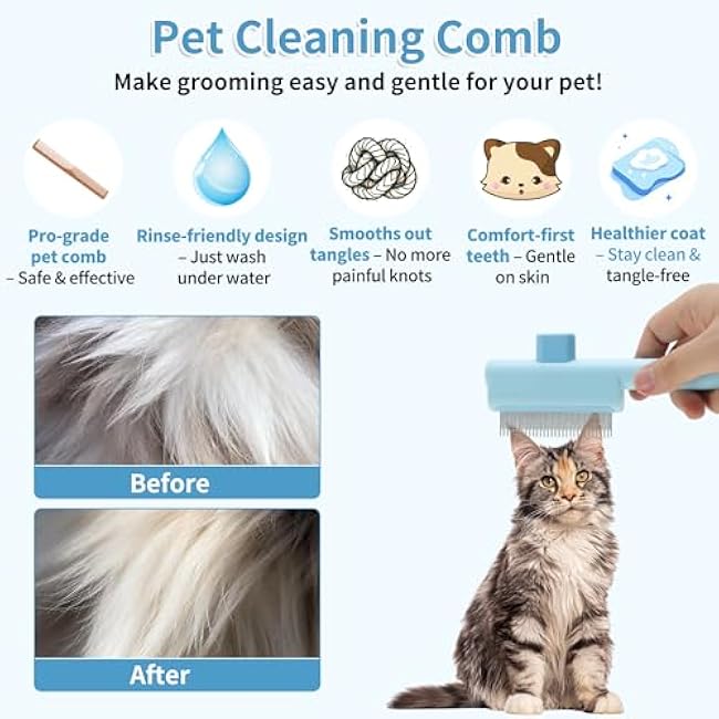 Cat Comb, Pet Hair Removal Brush with Release Button, Flea Comb for Pet, Self-Cleaning Grooming Brush for Massaging and Removing Shedding Hair, Blue-EouwH1VF