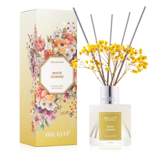 Airkeep Reed Diffuser Set,3.38 fl oz (100 ml) - White Jasmine Oil Diffusers with 8 Reed Sticks, Home Fragrance Reed Diffuser for Bathroom Shelf Decor