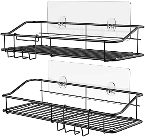 Nieifi Shower Caddy Shelf with Hooks Storage Rack Organizer Adhesive Stainless Steel Without Drilling for Bathroom, Lavatory, Washroom, Restroom, Shower, Toilet, Kitchen - 2 Pack (Black)