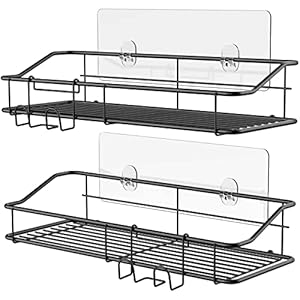 Nieifi Rangement Salle de Bain, Étagère Douche sans Perçage avec Crochets pour Accessoires, 27 * 10 * 5Cm, Lot de 2, Acier Inoxydable 304, Noir