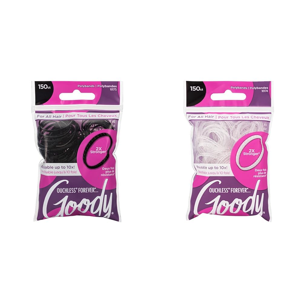 Goody Ouchless Womens Polyband Elastic Hair Ties - 150 Count Black and Clear - Fine Hair