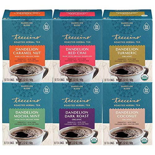 Teeccino Dandelion Tea Variety Pack â€“ Dark Roast, Caramel Nut, Mocha Mint, Turmeric, Red Chai, Coconut â€“ Caffeine Free, Gluten Free & Prebiotic Herbal Tea with Roasted Dandelion, 10 Tea Bags (6-Pack)